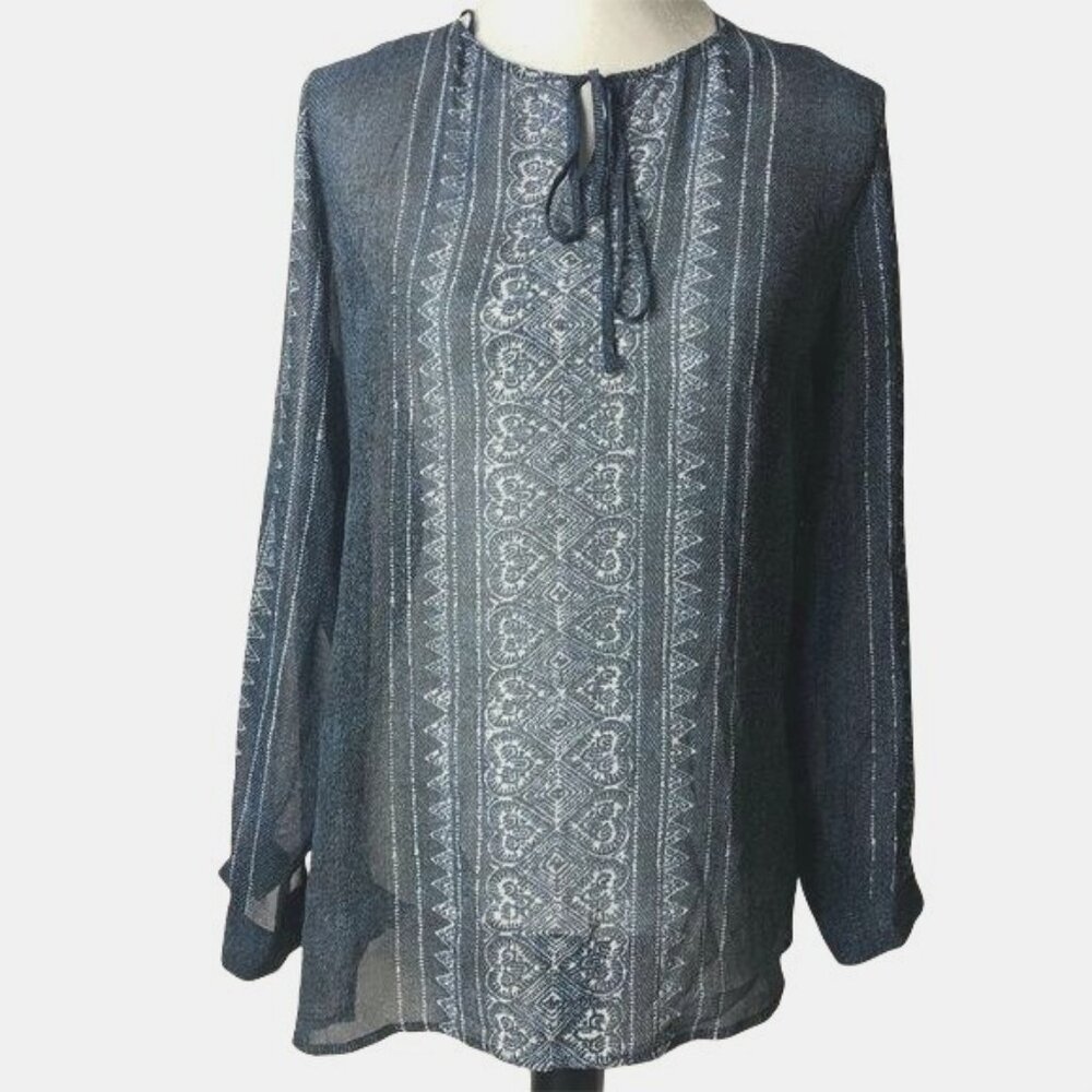Vince Camuto Peasant Blouse Mystic Blooms Small Blue White Women's Semi Sheer
